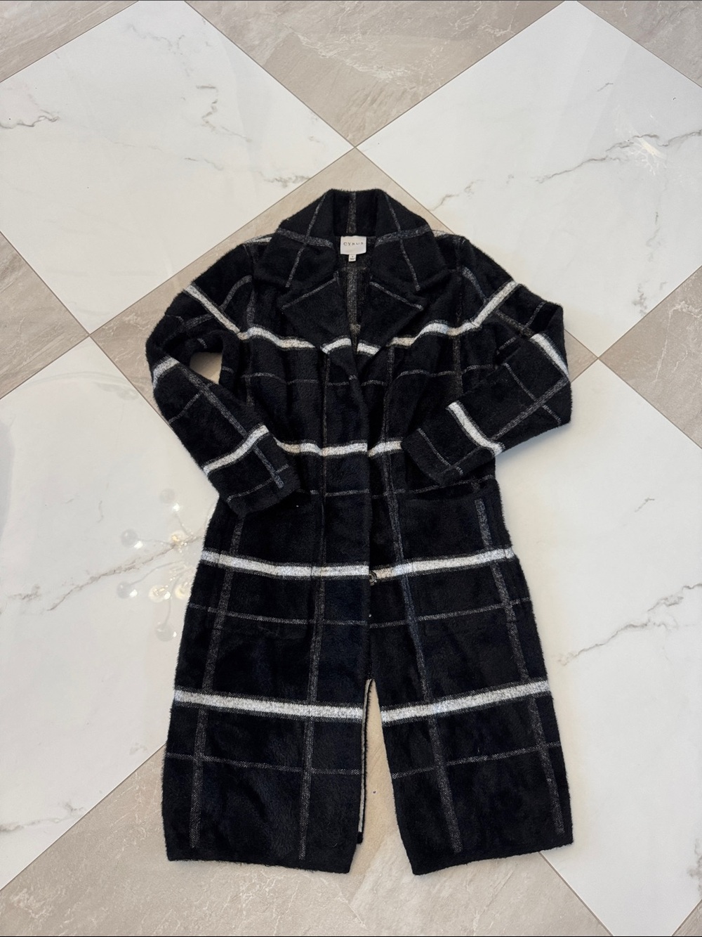 Cyrus Black & White Windowpane Long Coat